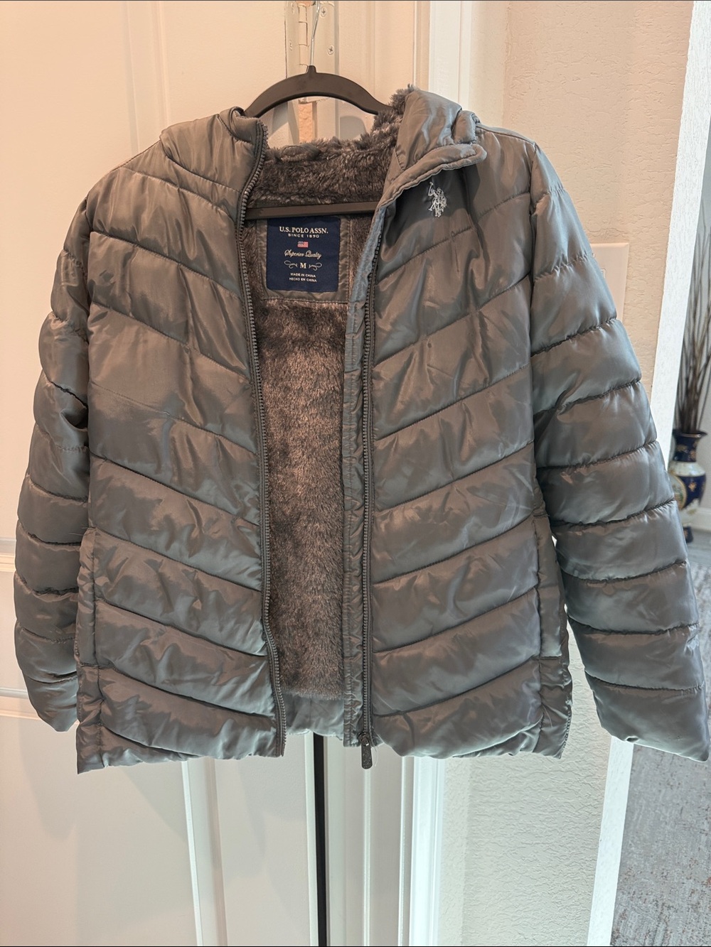 U.S. Polo Assn. Gray Quilted Puffer Jacket with Faux Fur Lining